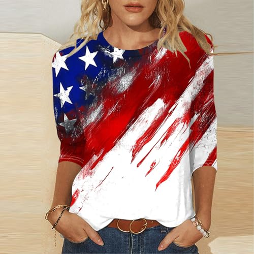 Image of Fourth of July Shirts for Women 3 /4 Sleeve Summer Tops American Flag Print T Shirt Patriotic 4th of July Shirts 2025