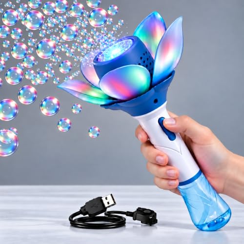 Image of Graphene Automatic Flower Bubble Wand for Girls Boys Magic Bubble Stick Toy Openable Petals LED Lights Princess Bubble Stick Toy Blower Machine Outdoor Party Toy Birthday Gift Kids 3+Years (Blue)
