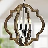 21.7" Farmhouse orb Chandelier, 4-Light Adjustable Height Handmade Rustic Wood Light Fixture for Foy