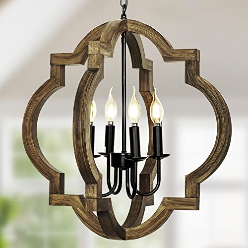 21.7" Farmhouse Orb Chandelier, 4-Light Adjustable Height Handmade Rustic Wood Light Fixture For Foyer, Dining&Living Room, Kitchen Island, Entryway, Breakfast Area(Colour: Black) #TOP12