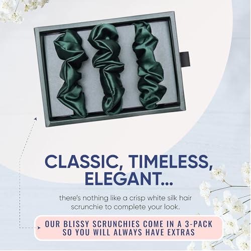Image of Blissy Silk Scrunchies (3 Pack) - 100% Pure Mulberry Silk - 22 Momme 6A High-Grade Fibers Scrunchie for Straight & Curly Hair (Emerald, Skinny)