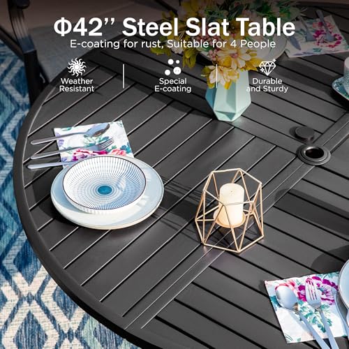 PHI VILLA Outdoor Round Dining Table for 4, 42" Large Metal Wrought Iron Table with Umbrella Hole, All Weather Dining Furniture for Patio, Deck, Yard, Porch - Black - Image 5