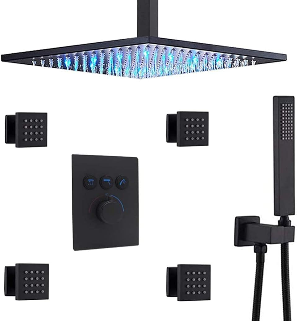 DASHADAO Shower System, Thermostatic Brass Matte Black 10-12 Inch LED Ceiling Rain Shower Head Combo System with Body Jets and Handheld Bathroom Luxury Shower Set,10 Inch
