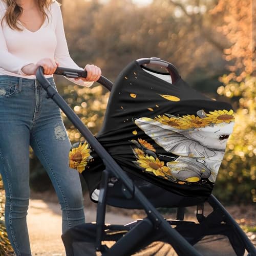 Image of ZFRXIGN Elephant Sunflower Baby Car Seat Cover Cute Nursing Breathable Scarf Carseat Canopy Multi-Use Cover Ups for Stroller High Chair Shopping Cart Gifts Animal Black