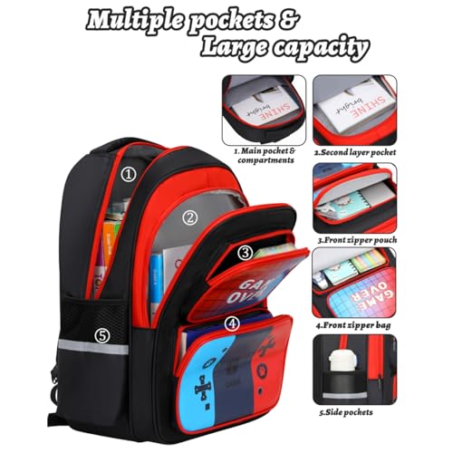 Gamer Backpack Set for Boys 4-12 - School Backpack for Boys,17 Inch 3-in-1 with Lunch Box & Pencil Case, Adj. Straps, Multi Compartment Video Game Backpack (Red)4