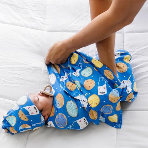 Image of Little Sleepies Swaddle & Hat Set, Baby Swaddles Newborns, Soft Viscose from Bamboo Swaddle Blanket Wrap (Blue Cookies & Milk)
