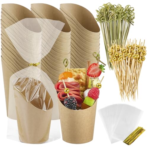 Ocmoiy Charcuterie Cups with Sticks and Bags, Brown Disposable 14 oz Kraft Paper Appetizer Cups, Individual Party Serving Snack Cups (50 Cups, 200 Picks, 50 bags)