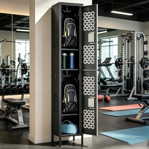 Image of SUPEER 2 Doors Metal Lockers for School,66 inch Tall Metal Storage Lockers with 6 Hooks and 2 Shelves,Standing Narrow Lockers for Gym,Home,66 inch H x 11.81 inch W x 11.81 inch D,Black,Assembly Required