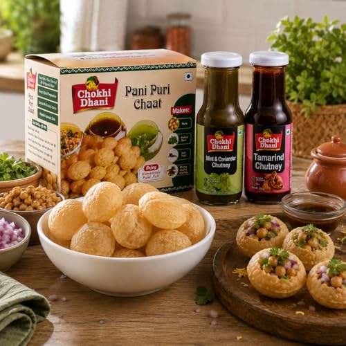 Image of Chokhi Dhani Pani Puri Chaat Kit with Mint & Coriander Chutney (210g) & Tamarind Chutney (250g) | Crispy Flat Puris, Pudina Pani & Imli Chutney | No Onion No Garlic