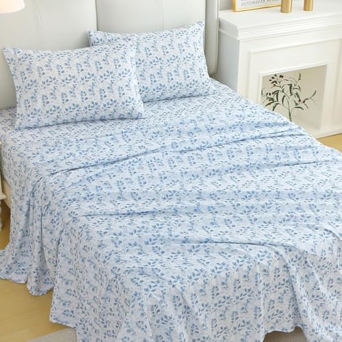 Image of MUXHOMO King Size 4 Piece Sheet Set, Soft Breathable Bed Sheet Set for Bedroom with Deep Pocket Up to 16 inch, Wrinkle-Free & Cooling Bedding for Oeko-TEX Certified - Blue Leaves