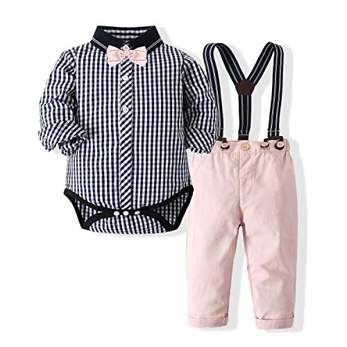 Kimocat Baby Boys Gentleman Outfits Suits Long Sleeve Shirt Suspenders Pants Bow Tie Clothes Set (Pink, 6-12 Months)