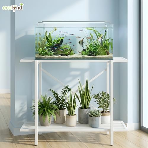 Image of ecofynd 2-Tier Fish Tank Stand, Double-Layer Aquarium Stand with Adjustable Table Feet, Heavy Metal Storage Rack Suitable for Home and Office, (White, FS-PS049)