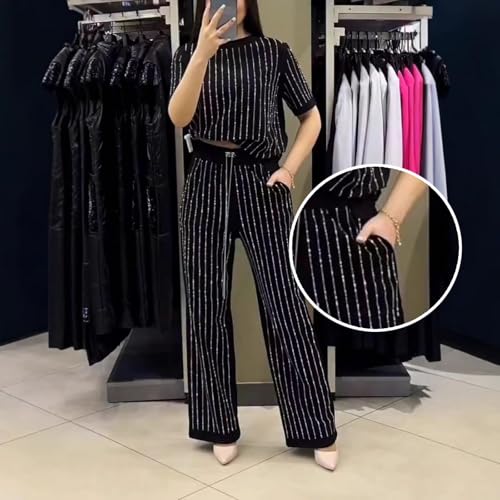 2025 Women's Casual Solid Color Round Neck Hot Diamond Short Sleeve Two-piece Suit, Elegant Stripe Wide Leg Pants 2 Piece Set3