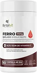 Ferro Quelado Bisglicinato 34mg, 90 Cápsulas, Alto Teor de Vitamina C, Fortalvit