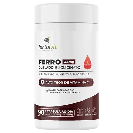 Ferro Quelado Bisglicinato 34mg 90 Cápsulas, 3 Meses de Uso, Longa Duração, Alto Teor de Vitamina C e Ferro, Fortalvit