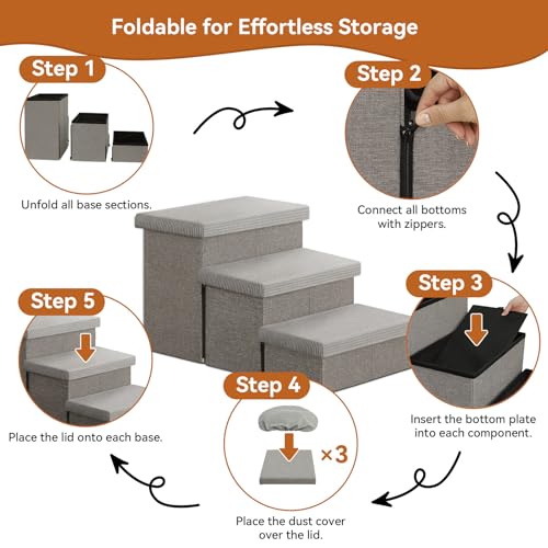 Image of Zerbuger Dog Stairs 23 inch H, 4-Step Wider Dog Steps for High Beds Window, Folding Storage Pet Stairs Gift for Small /Medium /Large Old Dogs Cats, Ramp for Climbing Car Up to 200 lbs (Gray, with Condo)