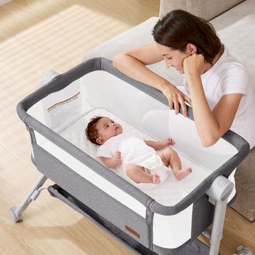 Image of Taylengrow Baby Bassinet Bedside Sleeper - All-Mesh Design, Portable Bedside Bassinet for Baby with Washable Mattress, 5 Adjustable Heights (Grey)