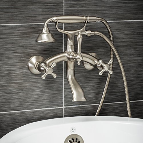 Luxury Clawfoot Tub or Freestanding Tub Filler Faucet, Vintage Design with Telephone Style Hand Shower, Wall Mount Installation, Cross Handles, Brushed Nickel Finish Luxury Clawfoot Tub or Freestanding Tub Filler Faucet, Vintage Design with Telephone Style Hand Shower, Wall Mount Installation, Cross Handles, Brushed Nickel Finish