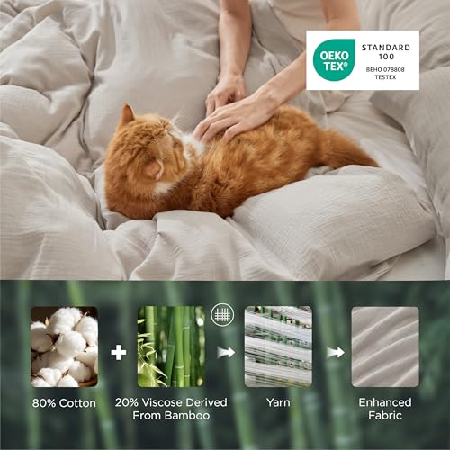 Image of Bedsure Muslin Duvet Cover Queen Size - Cotton Blend Viscose Derived from Bamboo, Cooling Duvet Cover for Hot Sleepers, PureWoven Ultra-Soft & Breathable Bedding Set for All Seasons (Linen, 90 inchx90 inch)