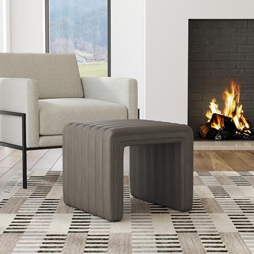 Image of HomePop 19 inch Modern Channel Tufted Ottoman - Pewter Gray Faux Leather