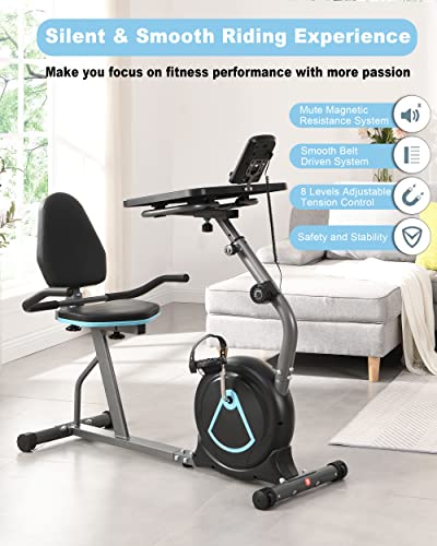 Borgusi Recumbent Exercise Bike Magnetic Stationary Bike With Large Desktop And Adjustable Seat, 8 Levels Resistance, Lcd Display With Device Holder For Home Use, Suitable For Adults Workout And Office #TOP2