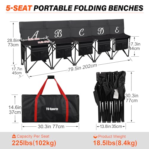 LANMOUNTAIN Portable Soccer Bench–5 Seat Folding Team Chair with 7 Individual Storage Pouches–Sideline Seating for Soccer,Baseball,Camping, Folding Bench,Black by LANMOUNTAIN - Image 2