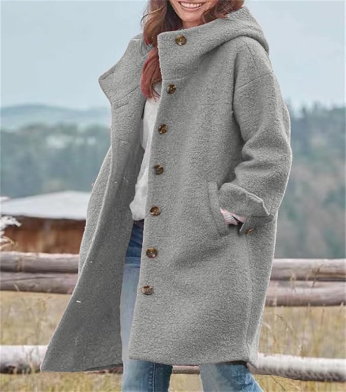 Women's Winter Single Breasted Long Wool Coat with Hood Casual Wool Blend Trench Button Polo Collar Pea Jacket - Image 3