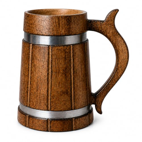 Image of Handmade Wooden Beer Mug, Wood with Sheesham Finish, Barrel Style, Lightweight & Durable, for Craft Beer, Home Bar, Cafe, Party, Gift(350ml) (Steel Band)