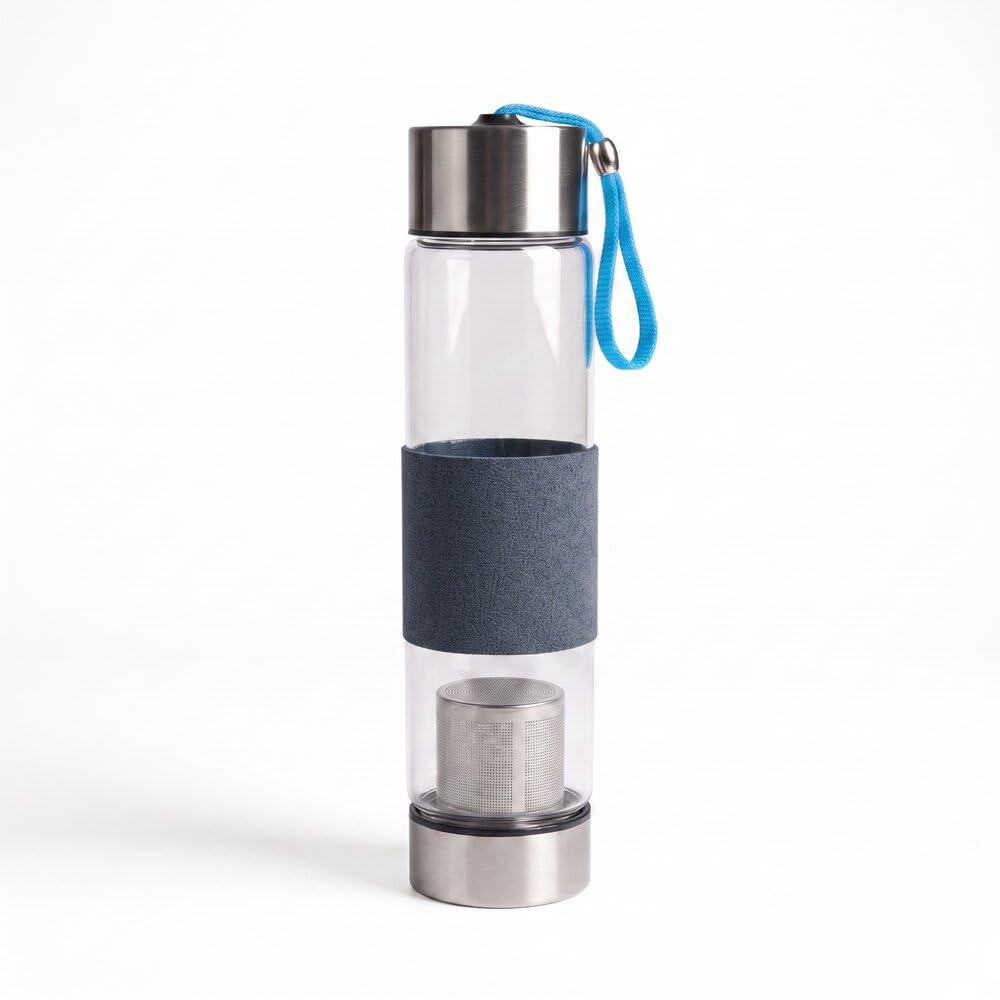 Garrafa de Vidro com Infusor de Chá 450ml de Aço Inox para Ervas e Água Saborizada (Azul)
