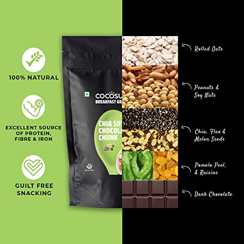 Image of COCOSUTRA Chia Soya Chocolate Chunk Breakfast Granola 1 kg | With Natural & Gluten Free ingredients| High Protein Cereal with Oats, Nuts, Seeds and Dry Fruits | Lightly sweetened with Jaggery