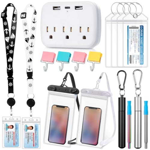 17 Pcs Carnival Cruise Essentials with Power Strip Luggage Tags Magnetic Hook Lanyards Phone Bags and Reusable Straw