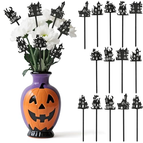 TICIAGA Halloween House Wooden Picks - 14PCS Haunted House Double-sided Decorative Pick for Home Vase Filler Wood Silhouette Black Pumpkin Boo Ghost House Floral for Halloween Party Home Kitchen Decor