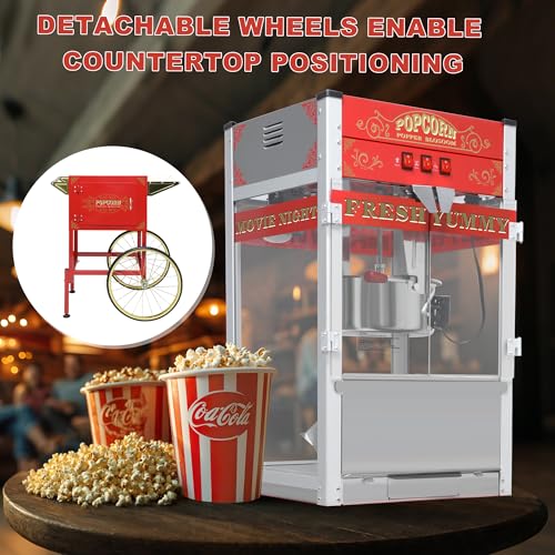 Image of Commercial Popcorn Machine with Cart & Wheels 丨 Popcorn Maker with 22OZ Stainless Steel Kettle丨 Pop corn Machine Maker for Home, Theater, Parties, Red