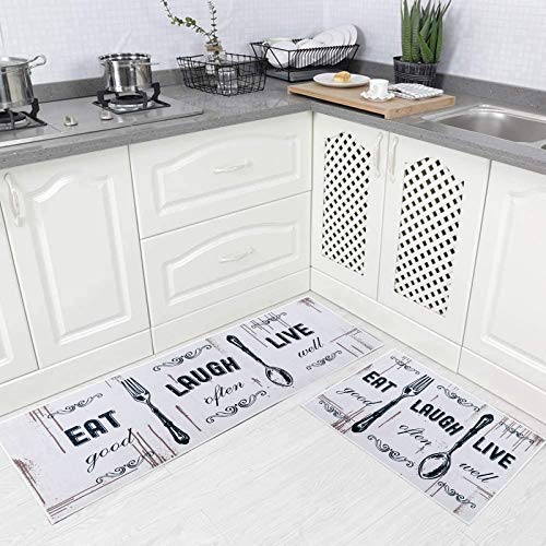 Carvapet 2 Piece Kitchen Rug Set Non-Slip Backing Mat Throw Rug for Kitchen Doormat Runner Rug Set, Motto Design,White (17"x48"+17"x24")