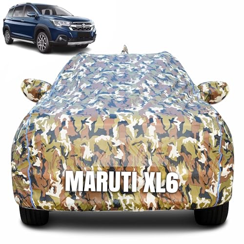 Image of 100% Waterproof Car Body Cover for Maruti Suzuki XL6 (2019-2025) with Mirror Pocket (Heat & UV Resistant, Triple Stitched, Soft Lining, Bottom Elastic & Piping) Camouflage, Military Print