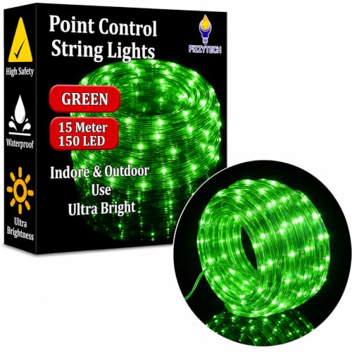 Image of fizzytech Rice Fairy String Lights, 15 Meter Copper Wire Point Control Lights with 8 Flash Modes for Diwali, Christmas, Wedding, Window, Garden & Home Decoration - Green, 150 LED