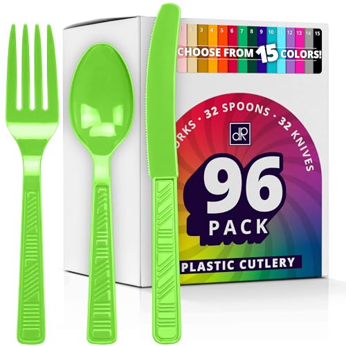 DecorRack Plastic Cutlery Set Lime Green Colored Plastic Silverware Sets for Parties 96 Piece Bulk Heavy Duty Utensils (Lime Green 96 Pieces)