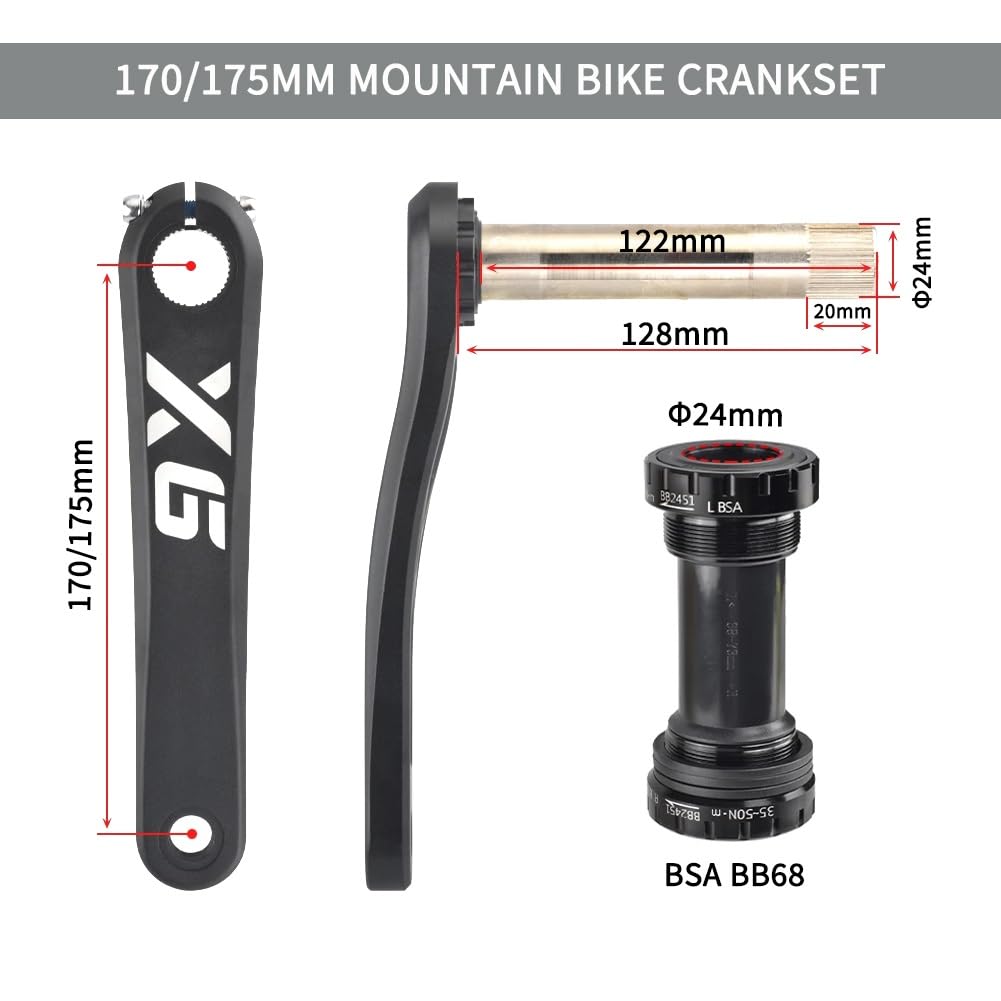 Guarnitura per Mountain Bike da 170/175 mm con Bracci Cavi integrati e Movimento Centrale BSA, Compatibile con 9, 10, 11 e 12 velocità, in Lega di Alluminio Ultraleggera.