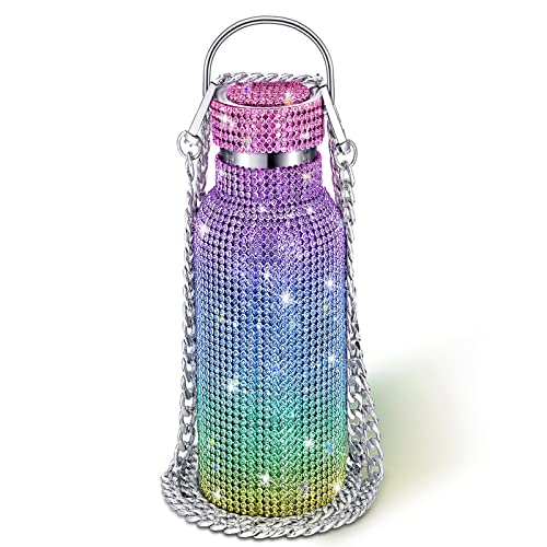Geiserailie Diamond Water Bottle Bling Rhinestone Stainless Steel Thermal Bottle Refillable Insulated Glitter Water Jug with Chain for Women Girls Gifts(750 ml,Multicolor)