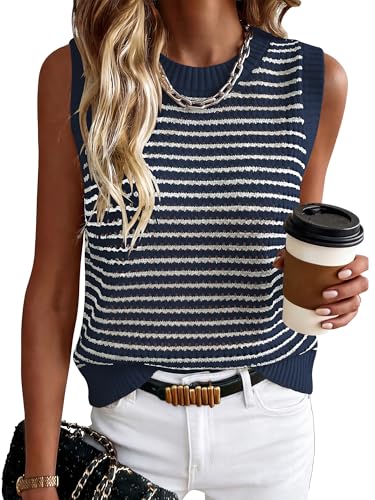ANRABESS Womens Sweater Vest Top Striped Sleeveless Lightweight Knit Tank Tops 2026 Summer Spring Clothes Vacation Outfits Navy Blue White Small