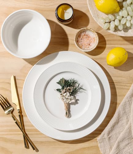 Image of TheTerra Stoneware Dinnerware Sets for 4, 12 Pieces Ceramic Plates and Bowls Sets, Scratch Resistant Embossed Dish Set, Oven, Microwave & Dishwasher Safe, Bright White