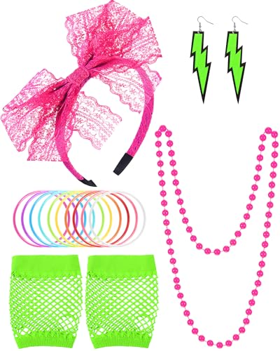 Blulu 80s Fancy Costume Accessories Women Lace Headband Earrings Fishnet Gloves Necklace Bracelet Outfit for 80s Retro Party(Rose Red Fluorescent Green)