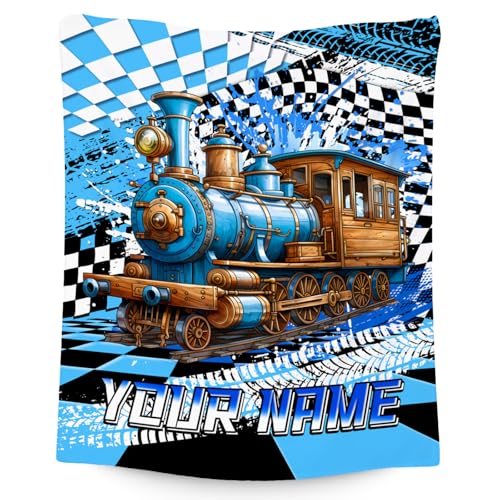 Kids Blanket, Train Blanket for Boys, Personalized Name Gifts for Child, Custom Cozy Flannel Car Throw for Bedroom & Living Room, 60"x80"