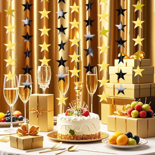 Image of Glitter Star Garland Banner Decor 130 Feet Gold Black Star Garland Hanging Bunting Banner Backdrop for Graduation Wedding Birthday Holiday Party