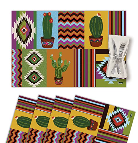 Set di 4 Sottopentola Singola in Vinile Lavabile Impermeabile Antimacchia Antiscivolo Antiaderente e Resistente al Calore Stile Cactus Piante Multicolore