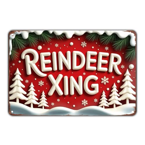Reindeer Crossing tin sign Vintage Christmas Reindeer Metal Sign Print Aesthetic for Garden Yard Bar Porch Home Bedroom Kitchen Wall Decor Decor Gift 8 x 12 inch