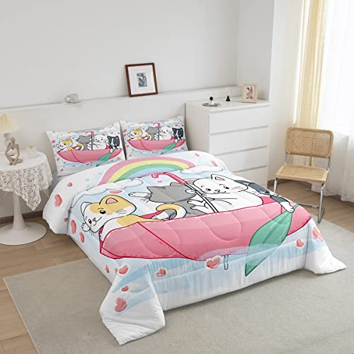 Feelyou Cartoon Cat Beddinig Set Cute Kitten Print Comforter Set For Kids Boys Girls Rainbow Pet Cat Heart Comforter 3D Animal Theme Quilt Set Room Decor 3Pcs Queen Size #TOP1