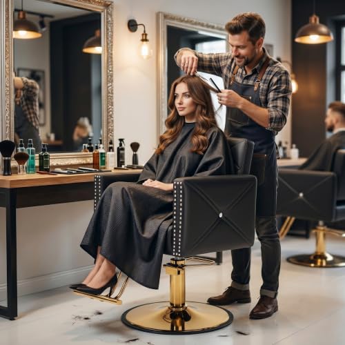 Image of Barber Chair with Rivets, Black Salon Chair for Hair Stylist, 360 Degree Swivel, Heavy Duty Hydraulic Pump, Professional Styling Chair for Salon and Spa, Gold