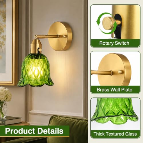Image of Vintage Gold Wall Sconces - Hardwired Wall Mounted Light Fixtures with Clear Green Tulip Glass Lampshade, 2 Usage Methods Wall Light fixtures for Bathroom Mirror Living Room Hallway Bedroom Wall Decor