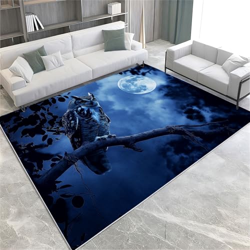 Animal Tapis Enfant 80x150 cm Hibou Lune Nuit, Tapis Lavable en Machine et Antidérapant, Moquette à Poil Ras Doux pour Chambre et Salle de Jeux